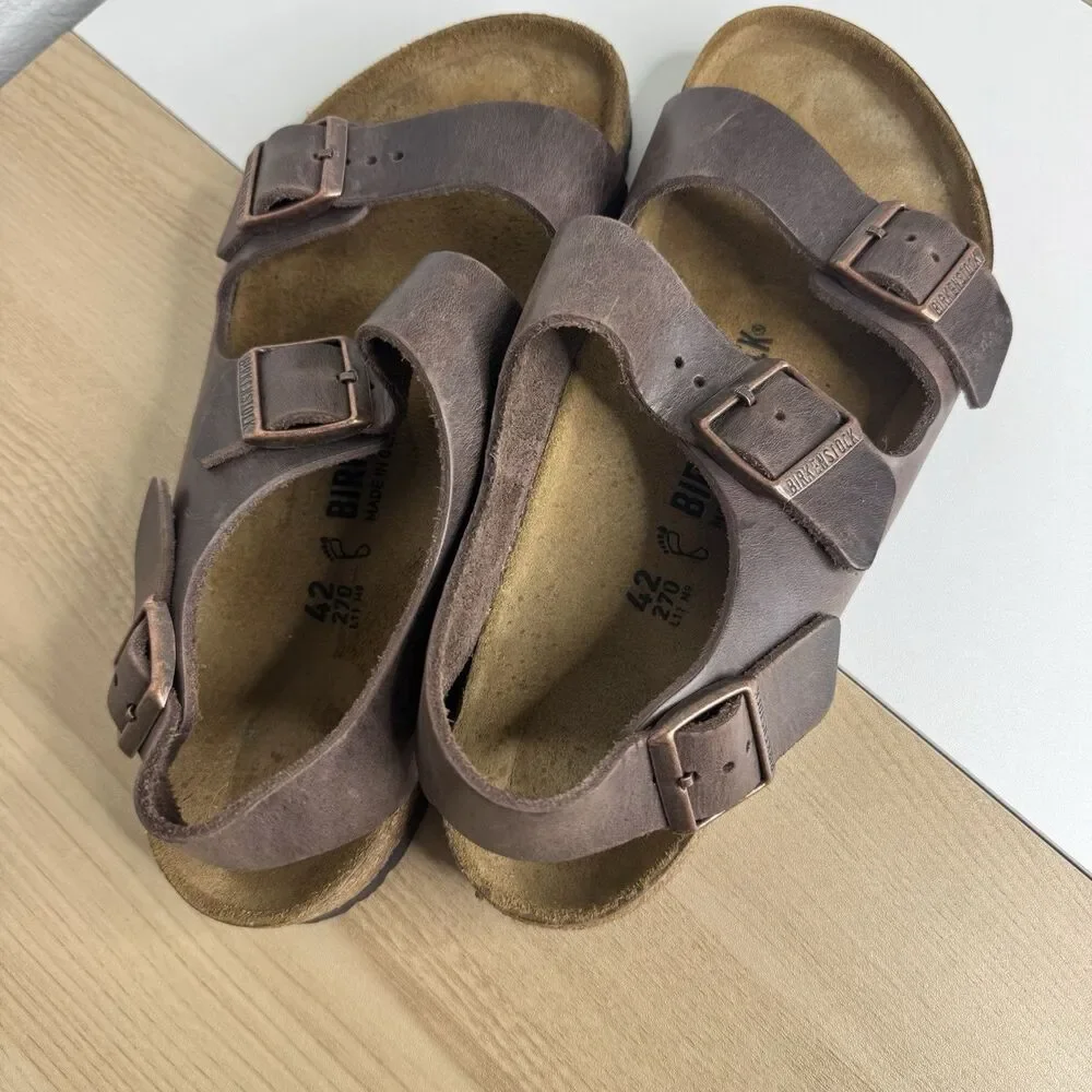 Birkenstock MILANO Men’s (42/9) Classic Sandals Brown Oiled Leather Buckles